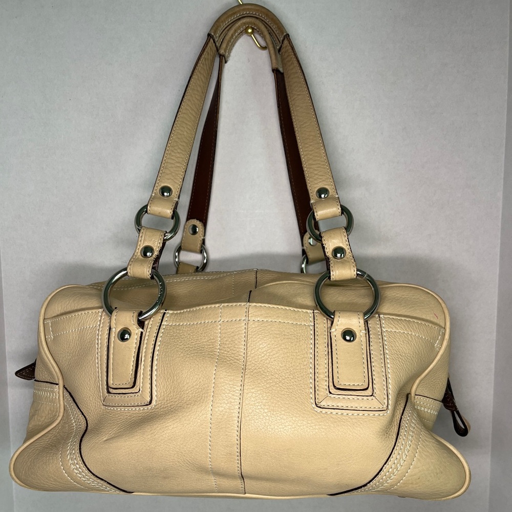 Coach Madison Pebbled Leather Satchel Shoulder Bag Tan and Silver Hardware
